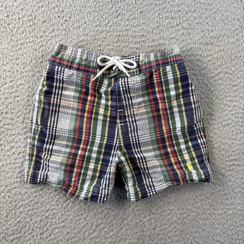Polo Ralph Lauren Swim Trunks Boys 9 Months Lined Plaid Yellow Pony